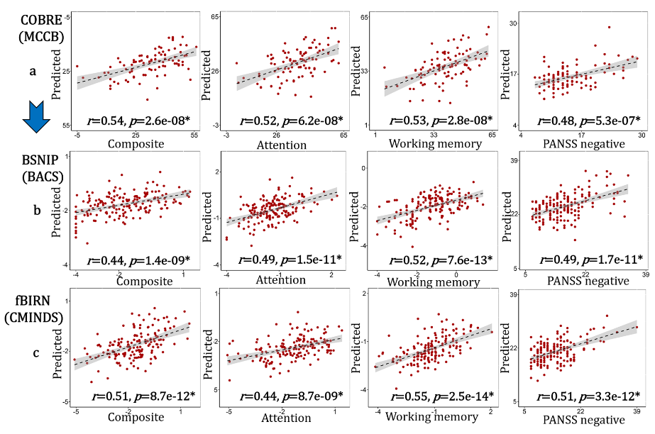 Prediction results for cognition and symptom across BSNIP-1, fBIRN and COBRE based on the identified PRS-associated features.